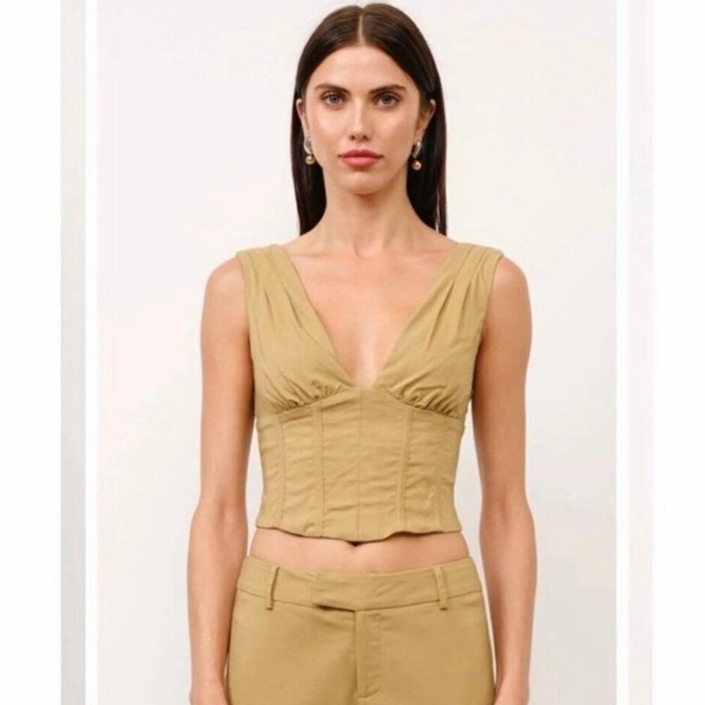 Loucia Tan Deep V Corset Crop Top Sleeveless Bustier Beige Size Small